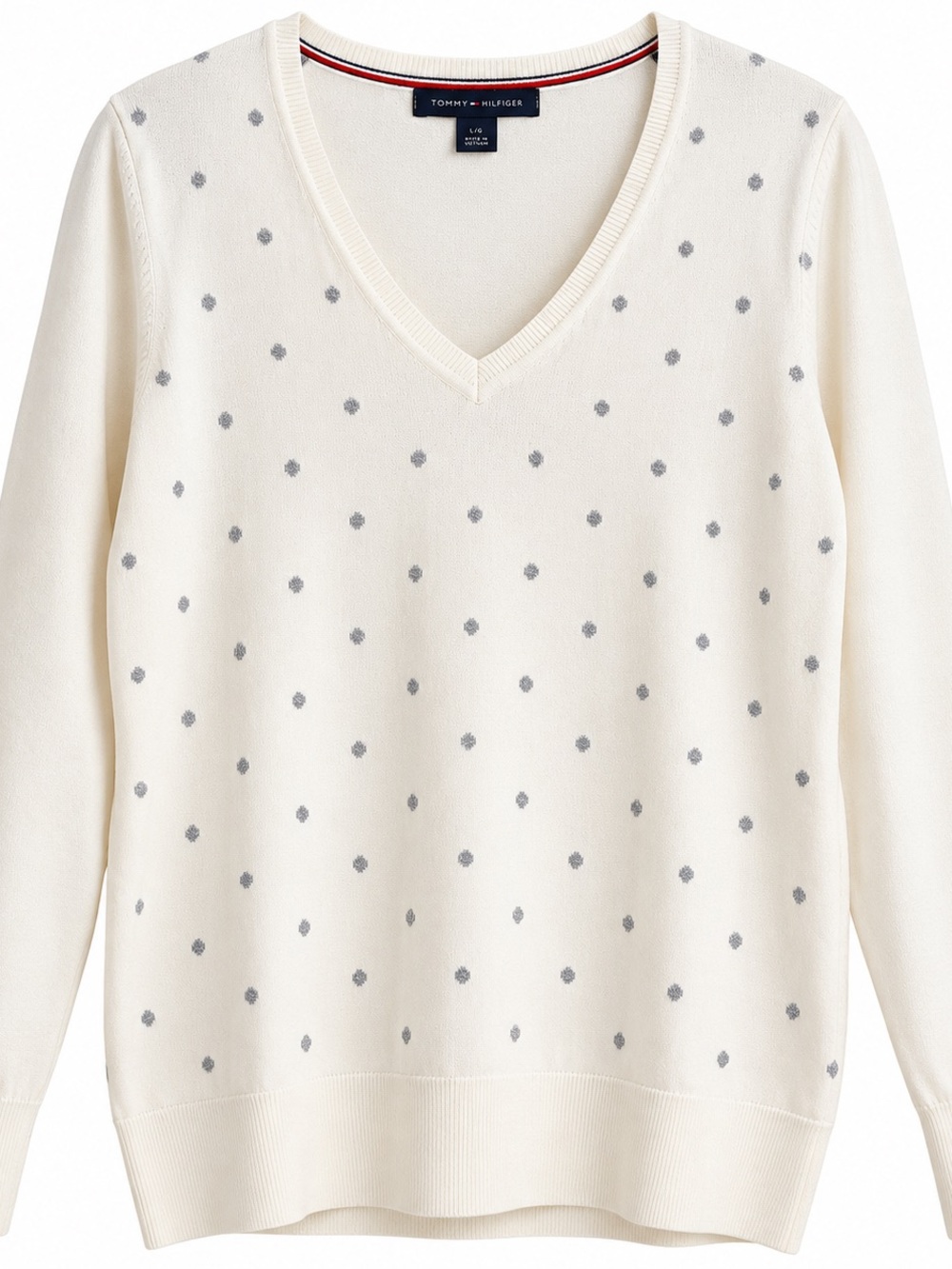 Tommy Hilfiger Cream V-Neck Sweater with Gray Dot Pattern